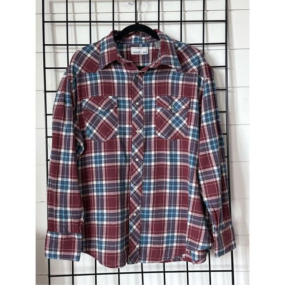 Wrangler Wrancher Shirts LS Flannel Shirt Mens‎ XXL Red Blue Pearl Snap Western - Picture 1 of 12